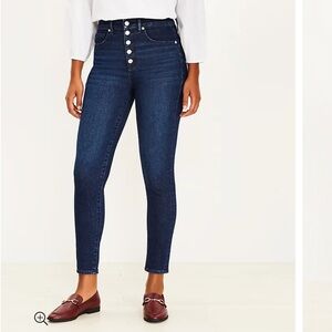 NWT LOFT Button Front High Rise Skinny Jeans in Dark Indigo Wash